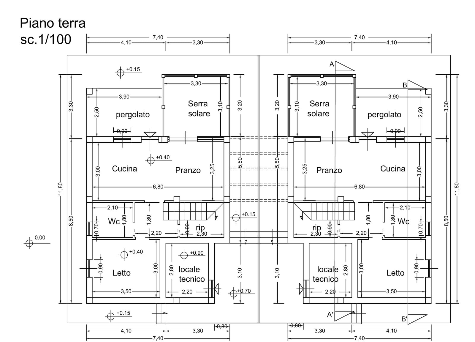 Pianta del piano terra di due villini affiancati: pergolato, serra solare, cucina, pranzo, bagno, letto e locale tecnico